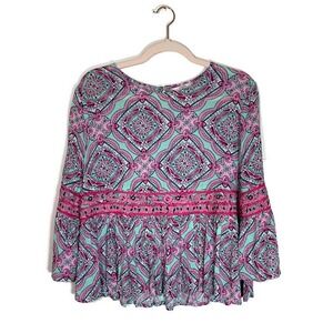 Crown & Ivy Peplum Top Sz PS Petite Small Embroidered Boho Teal Pink Mandala